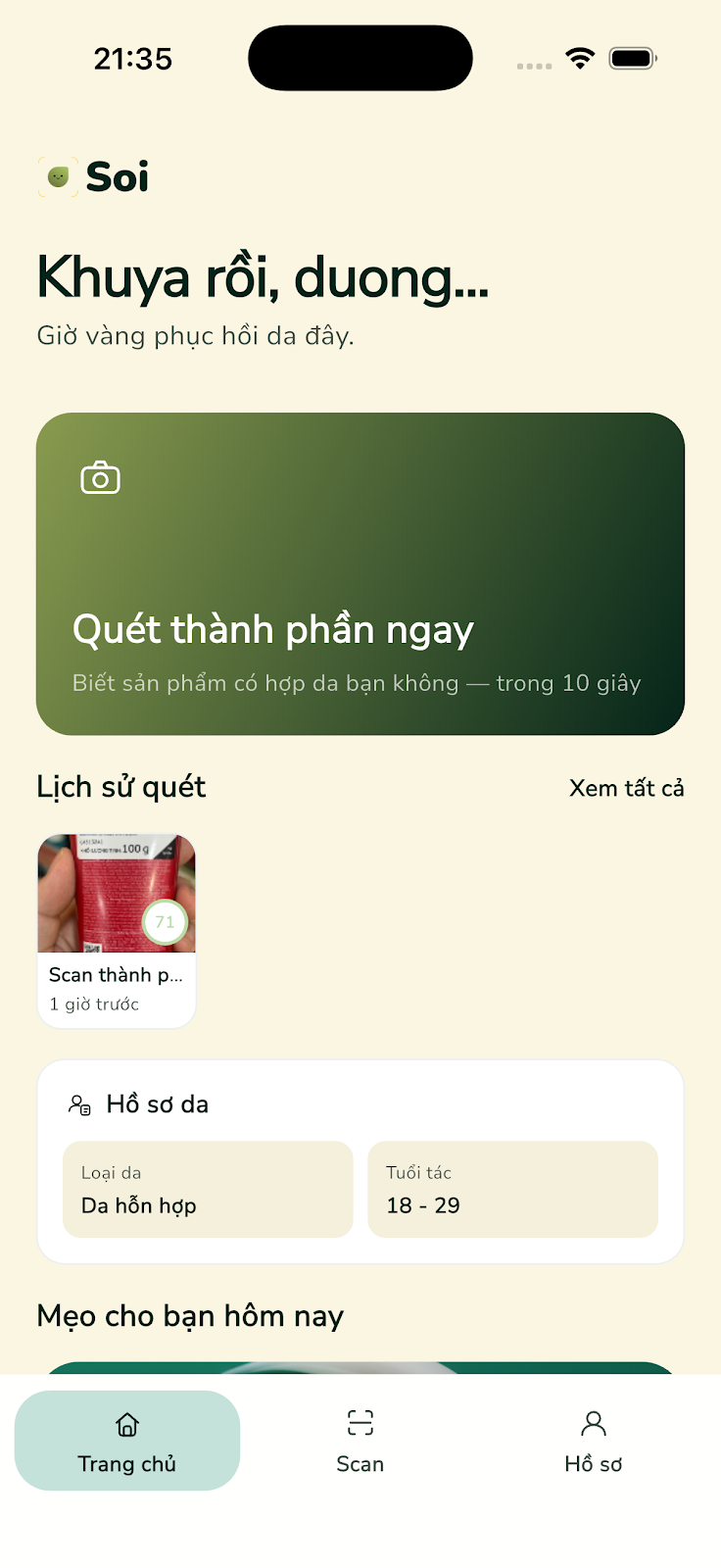 Person scanning a skincare product with the Soi app