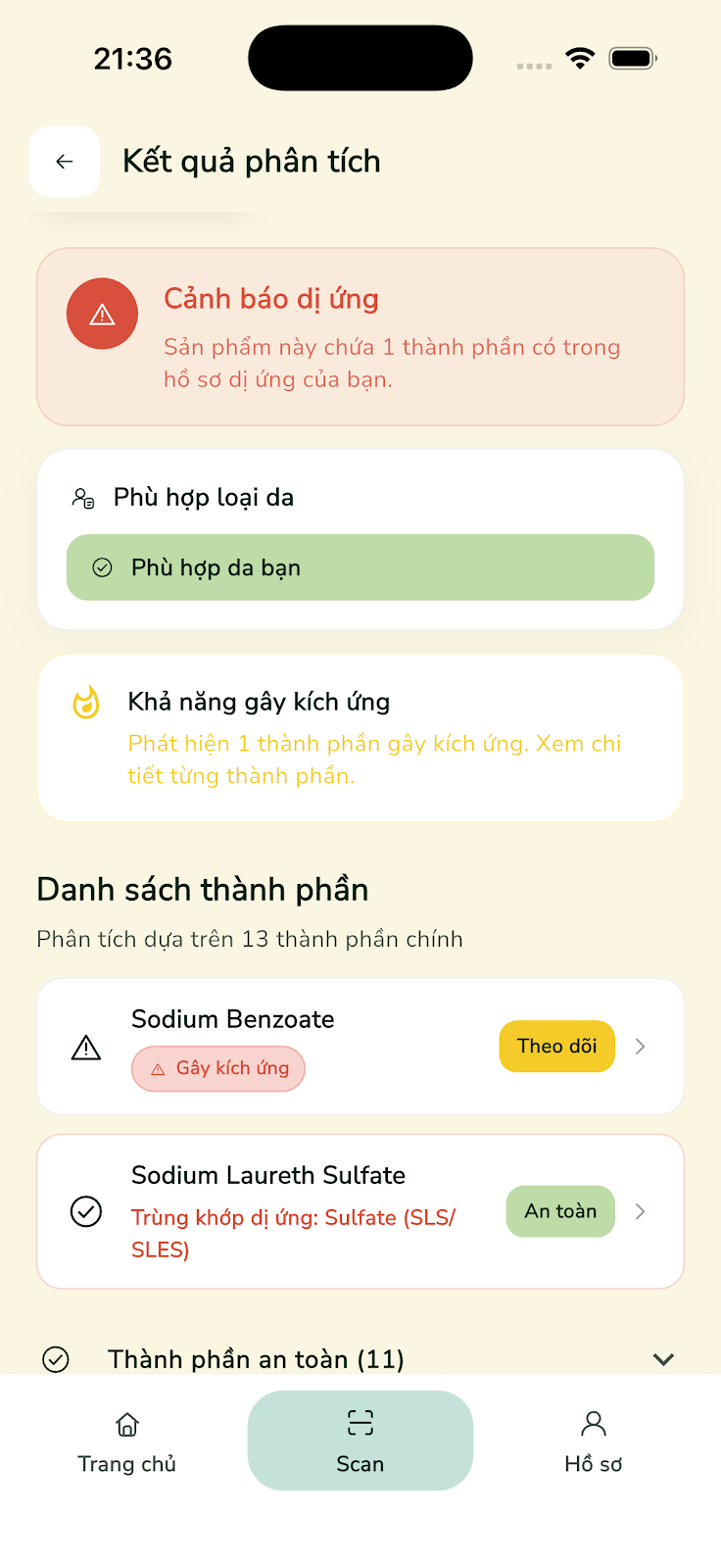 Soi app analysis results screen with ingredient breakdown